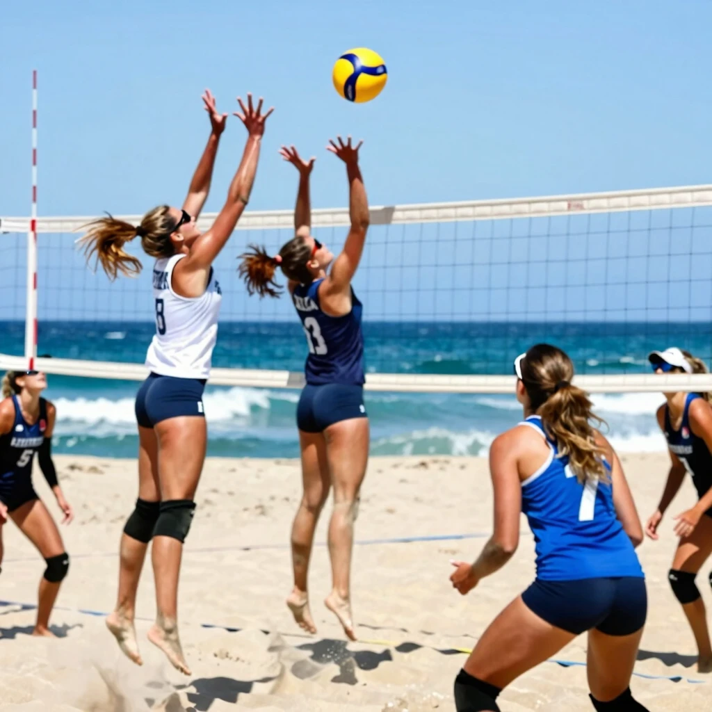 Güzel kız spor takımı, plaj voleybolu maçında aksiyonda