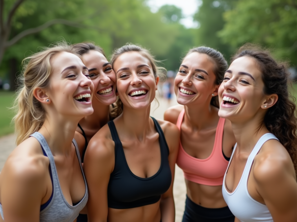 Parkta selfie çeken, spor kıyafetli ve hafif makyajlı genç kadın grubu