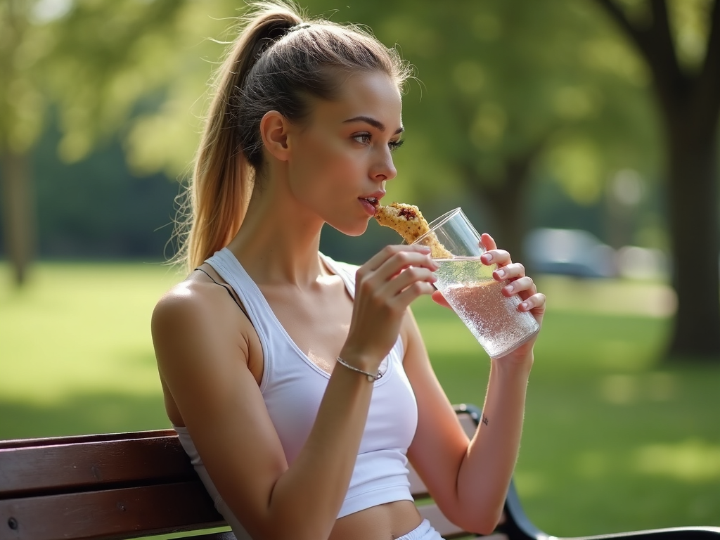 Spor sonrası su içen ve atıştıran genç bir kadın