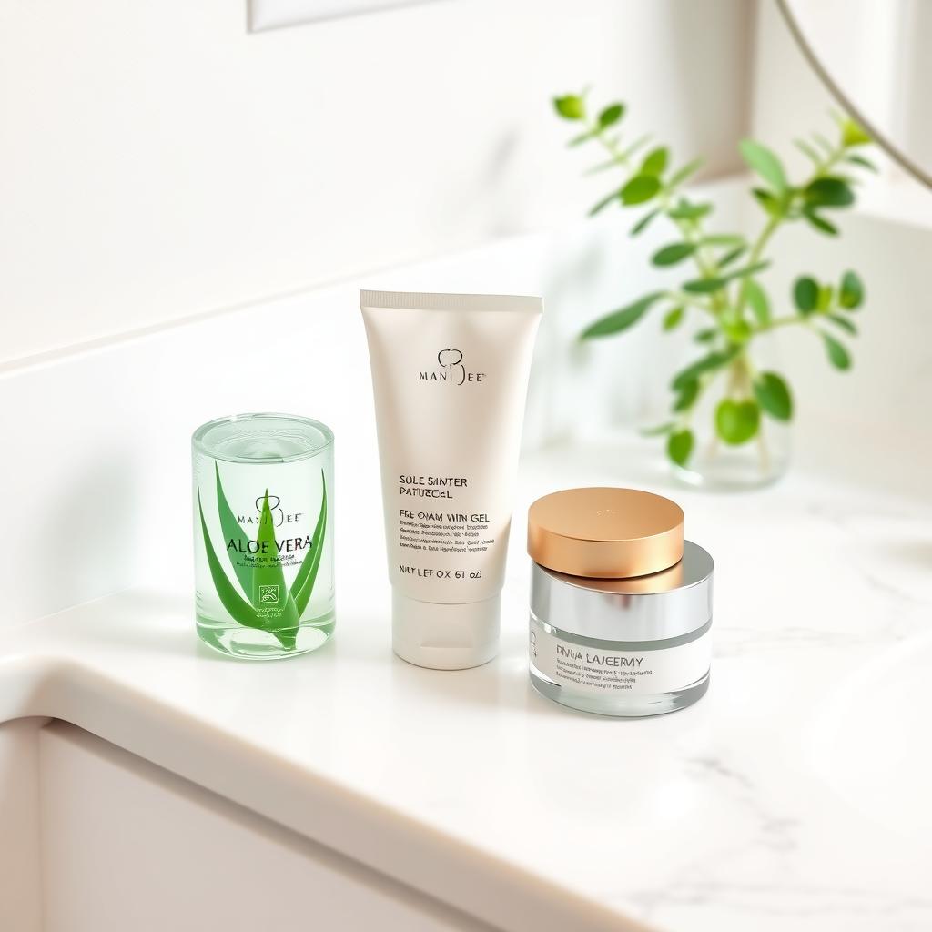 Beyaz mermer bir banyo tezgahında aloe vera jeli, güneş kremi ve yüz kremi gibi birkaç cilt bakım ürünü yer alıyor. Arka planda taze bir görünüm için küçük bir yeşil bitki bulunuyor.