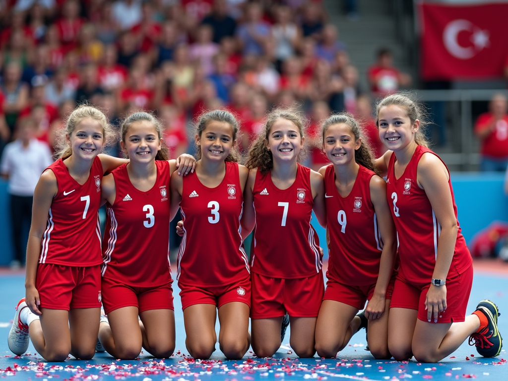 Spor Güzelleri Yarışması'nda genç sporcu kızlar sahnede poz verirken