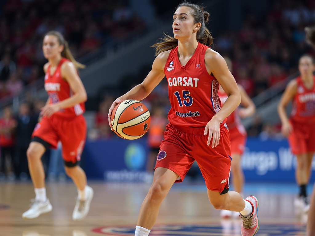 Çanakkale’de basketbol maçında top süren kadın sporcu, takım çalışmasının gücünü yansıtıyor.