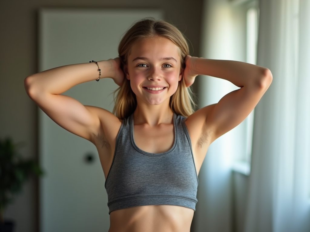 Spor salonunda genç bir kız, aynada kaslı kollarını gururla sergiliyor.