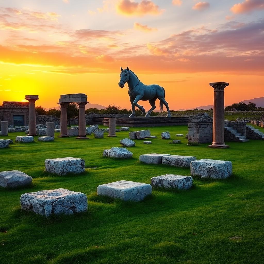 Çanakkale’deki Truva Antik Kenti’nin gün batımında çekilmiş fotoğrafı, taş kalıntılar ve Truva Atı replikasıyla.