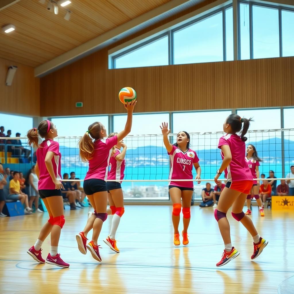 Çanakkale'de bir spor salonunda voleybol oynayan genç kızların enerjik bir maçı.