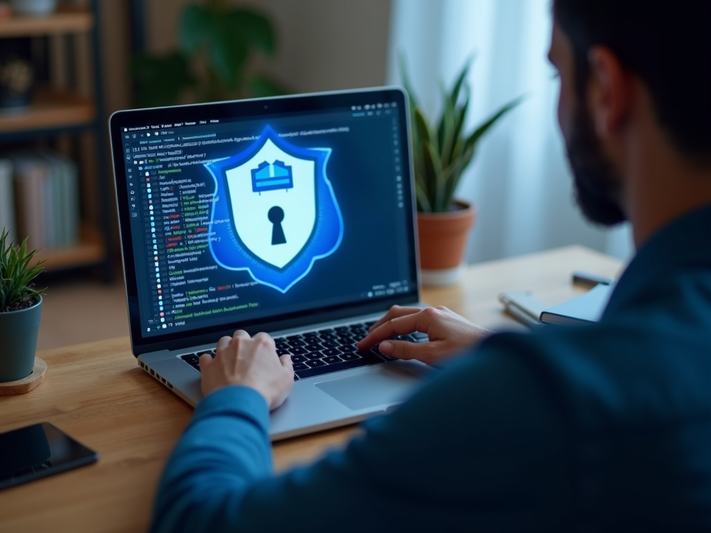Masada oturan bir kişi, laptop ekranında VPN simgesiyle güvenli bir şekilde torrent indiriyor.