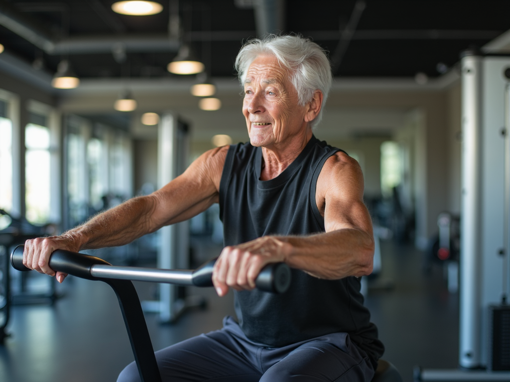 Spor salonunda egzersiz yapan yaşlı kişi