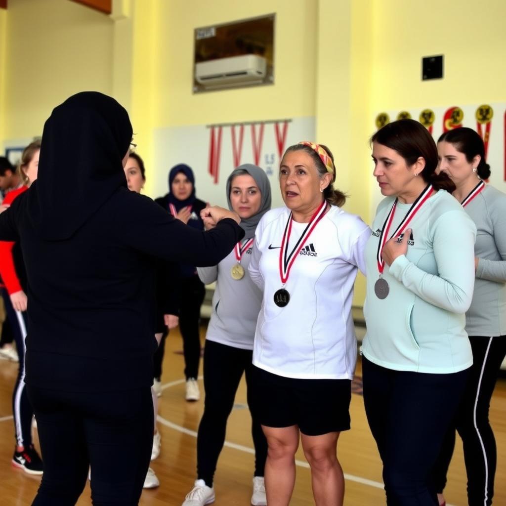 Çanakkale’de spor salonunda antrenman yapan kadın sporcular, madalyalarla dolu bir ortamda çalışıyor.