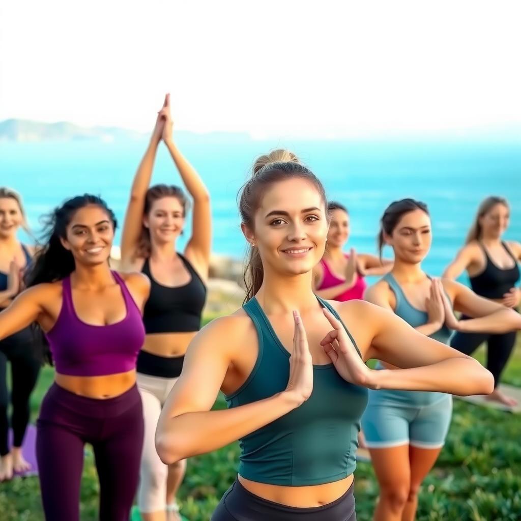 Çanakkale sahilinde yoga yapan genç kadınlar. Minimal makyajla doğal bir ışıltıya sahipler, spor kıyafetleriyle gülümsüyorlar. Arka planda mavi deniz ve uzak tepeler görünüyor.