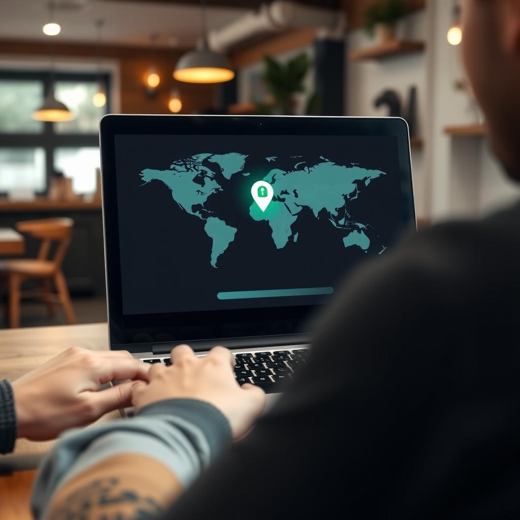Bir kafede laptop kullanan bir kişi, ekranda VPN uygulamasının dünya haritası ve yeşil ışıkla aktif bağlantıyı gösteren arayüzü.