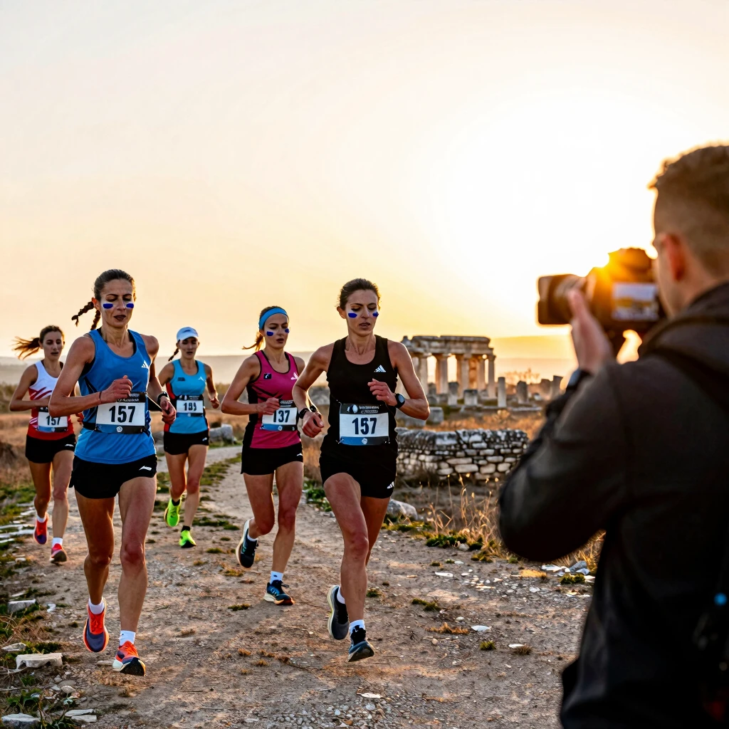 Gün doğumu maratonunda fotoğraf çeken spor fotoğrafçısı ve koşucu kızlar