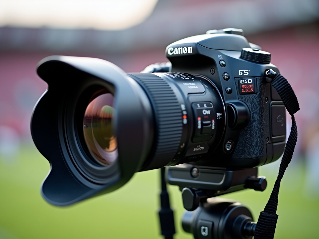 Teleobjektif lens takılı bir DSLR kamera, bir spor etkinliğini çekmek için tripod üzerinde hazır bir şekilde yakından görünüyor.