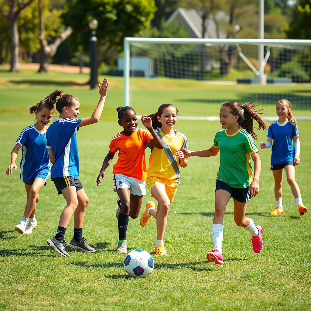 Parkta futbol oynayan enerjik genç kızlar