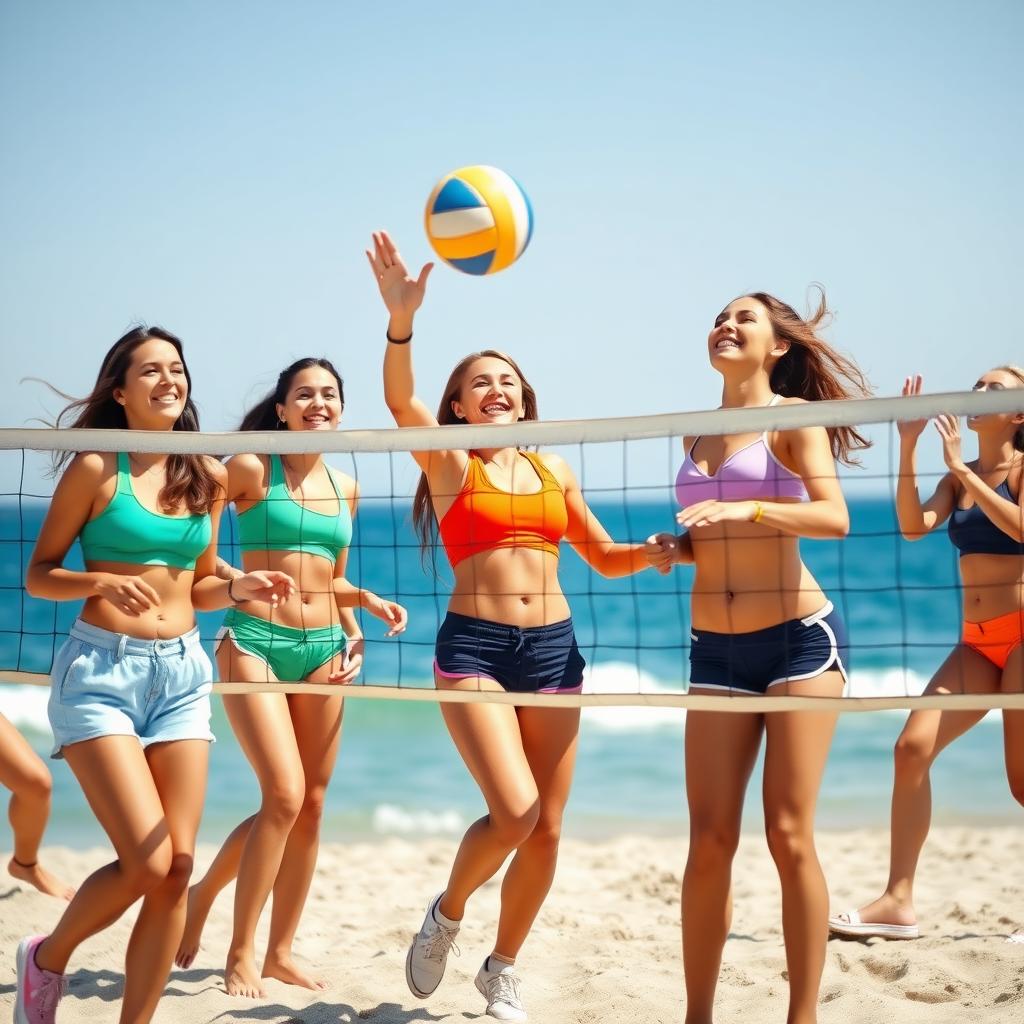 Çanakkale sahilinde voleybol oynayan enerjik genç kızlar