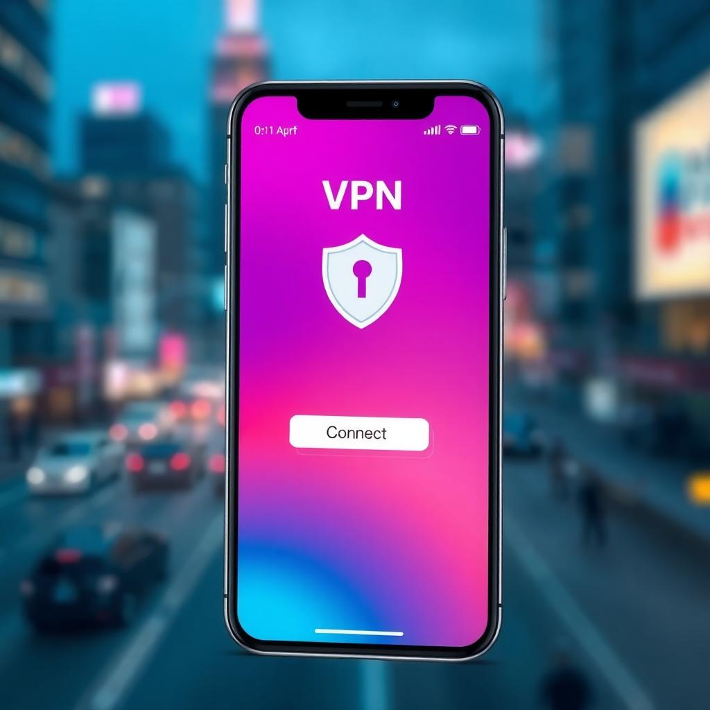 Bir akıllı telefonda VPN uygulaması arayüzü, şehir manzarası arka planda.