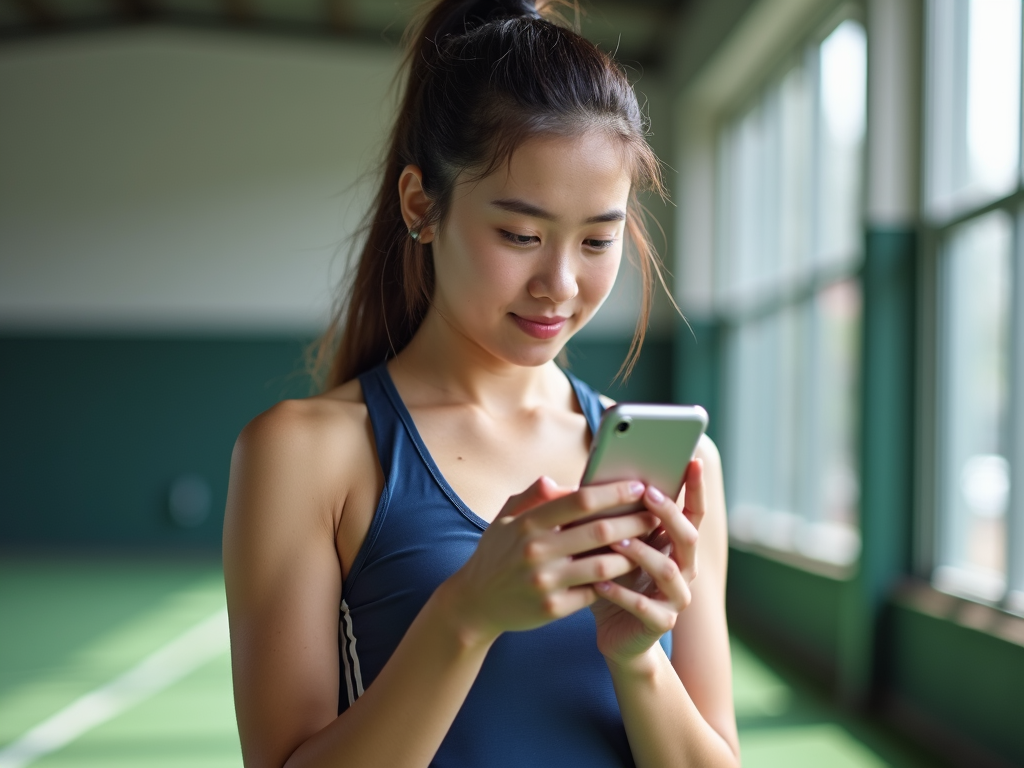 Genç bir sporcu kız, spor üniformasıyla telefonundan programını ve hatırlatmalarını kontrol ediyor.