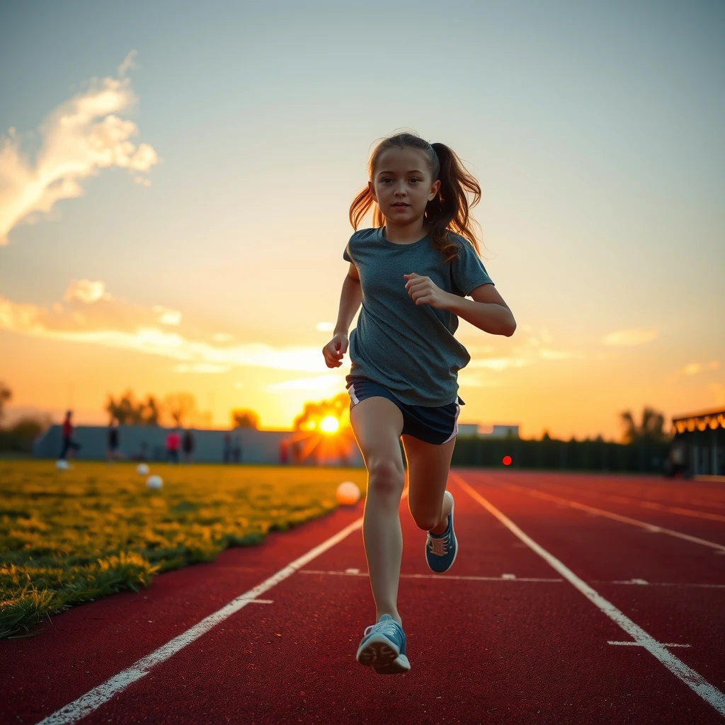 Gün batımında atletizm pistinde kararlı bir ifadeyle koşan genç kız