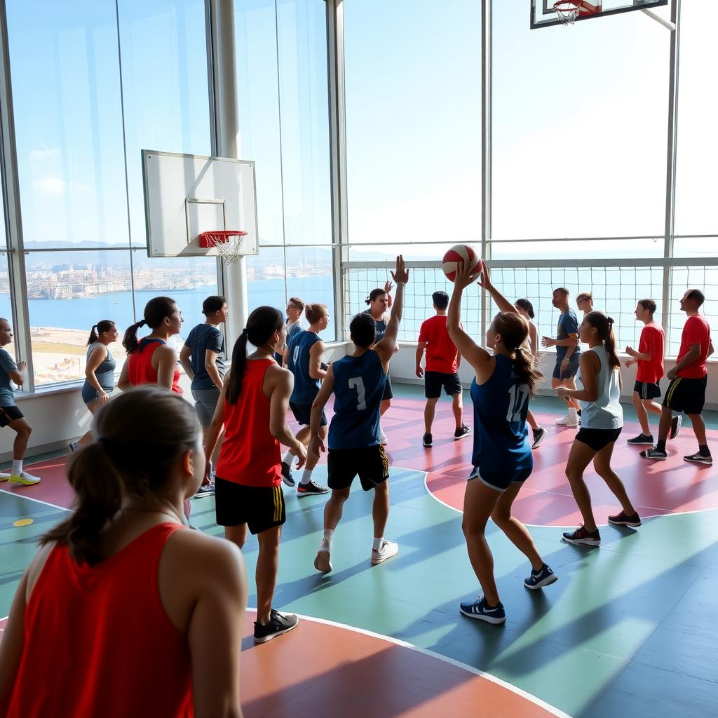 Çanakkale’de modern bir spor tesisinde basketbol ve voleybol oynayan genç sporcuların enerjik bir görüntüsü.