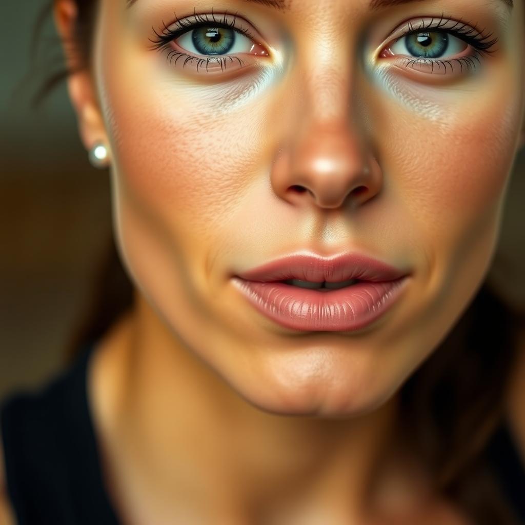 Spor sırasında minimal makyajlı bir kadının yakın çekim yüz görüntüsü, hafif BB krem, su geçirmez maskara ve pembe lip tint ile doğal bir parlaklık sergiliyor.