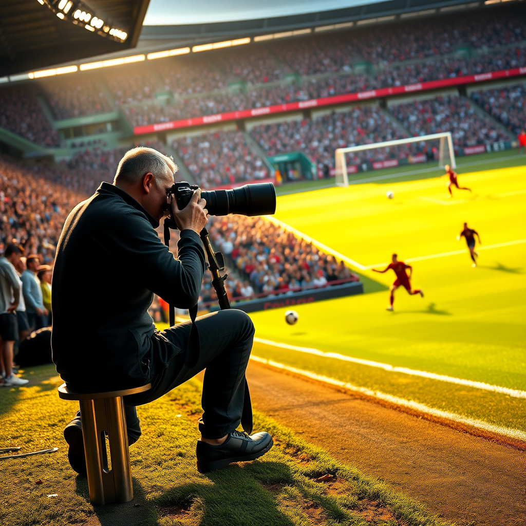 Futbol stadyumunda gol anını telephoto lensle çeken profesyonel fotoğrafçı