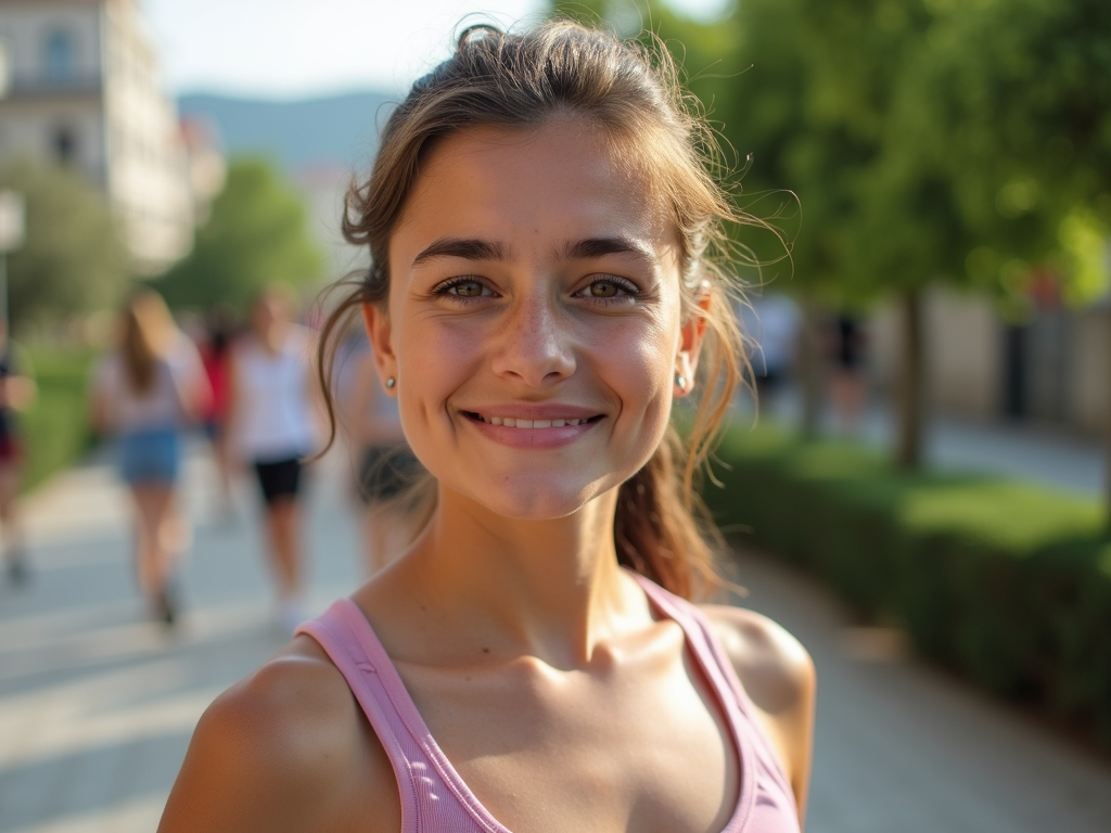 Çanakkale’de spordan sonra arkadaşlarıyla yürüyen bir kız, BB krem ve maskarayla doğal bir görünüm sergiliyor, arka planda şehrin yeşillikleri görünüyor.