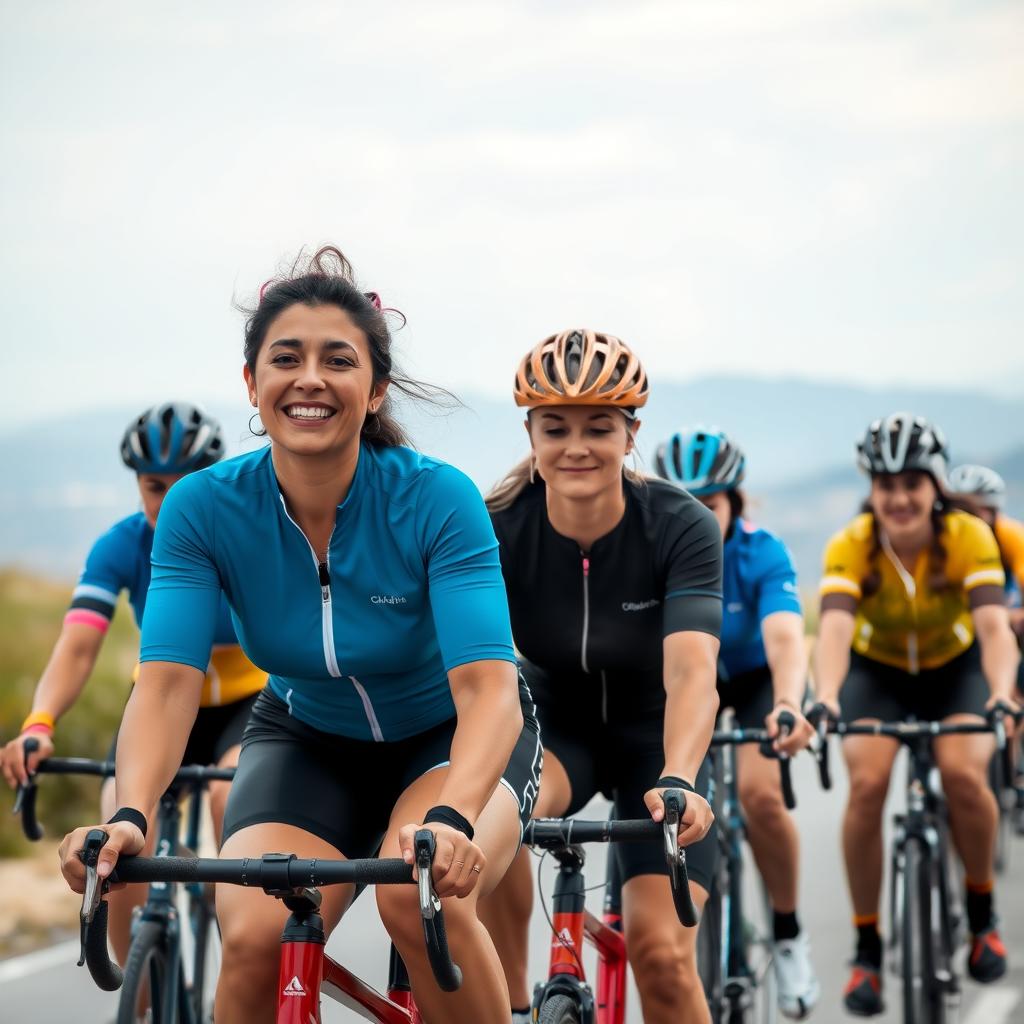 Çanakkale’de bisiklet süren sporcu kadınlar, hafif makyajlarıyla.