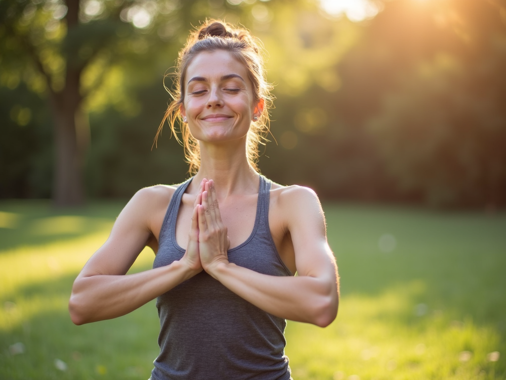 Huzurlu bir dış mekanda yoga yapan genç bir kadın, sakin ve memnun görünüyor.