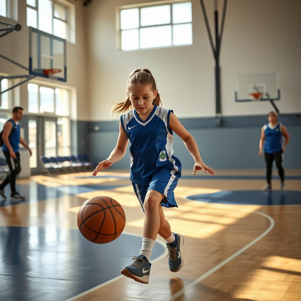 Çanakkale’de bir okul spor salonunda basketbol çalışan genç bir kız.