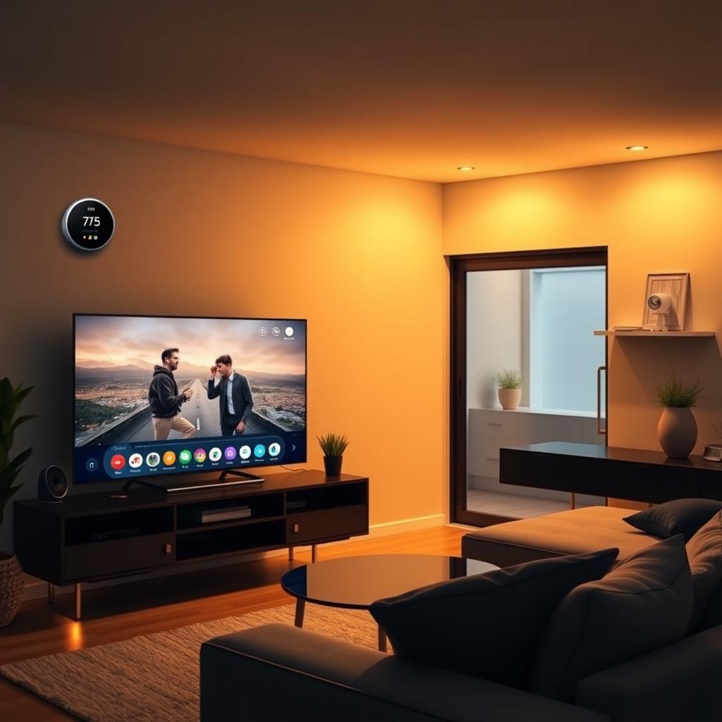 Modern bir akıllı ev oturma odası, film oynatan bir akıllı TV, duvarda akıllı termostat ve rafta güvenlik kamerası ile gece vakti.