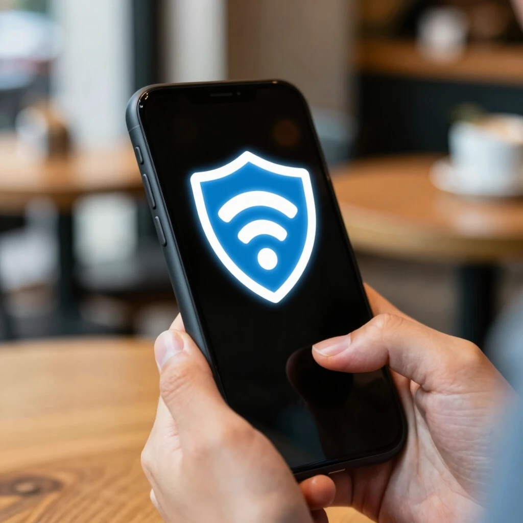 Bir kafede halka açık Wi-Fi'ye bağlı akıllı telefon kullanan kişi ve VPN kalkan ikonuyla hackerlardan korunan veri akışı