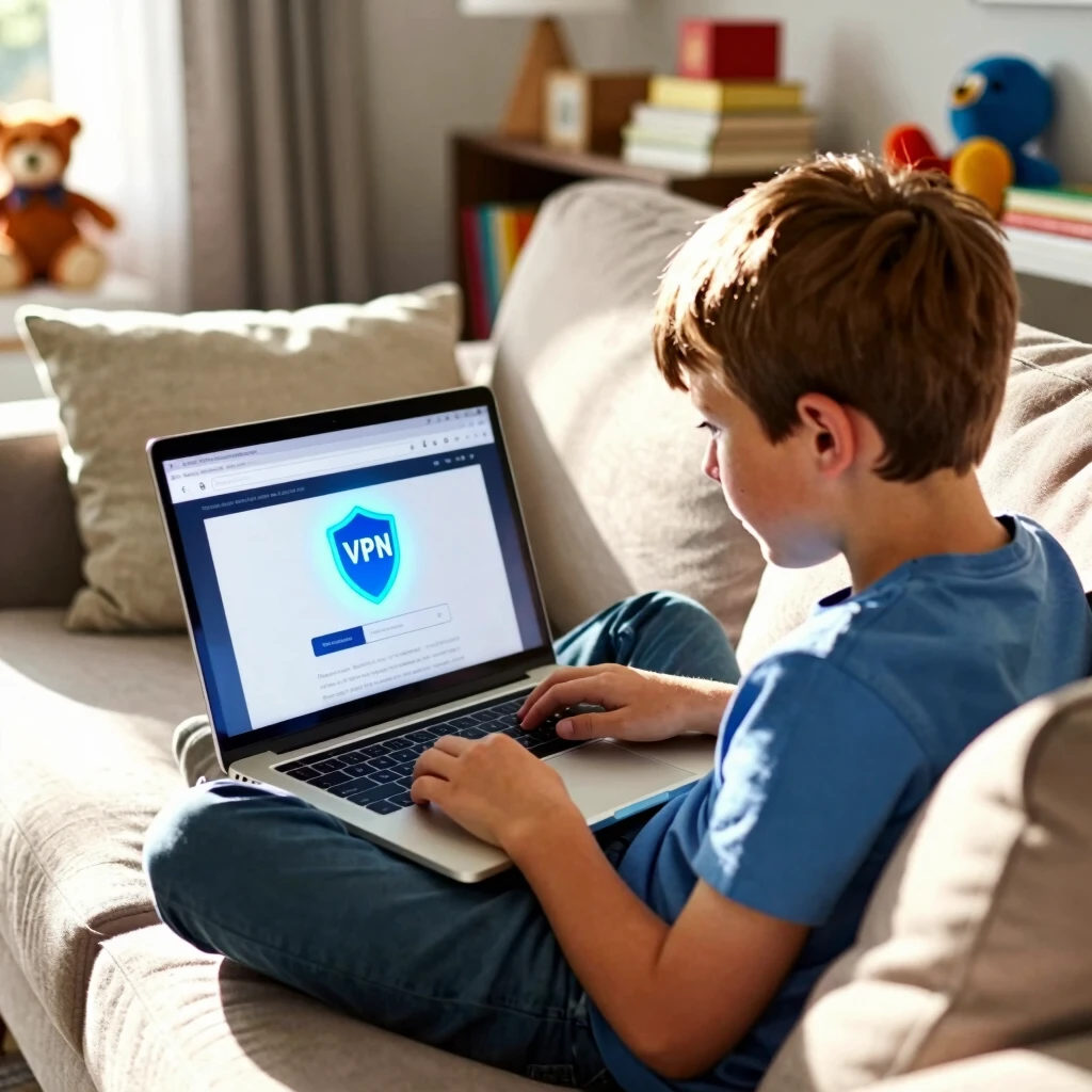 Çocuk, VPN koruması altında güvenli bir şekilde bilgisayar kullanıyor