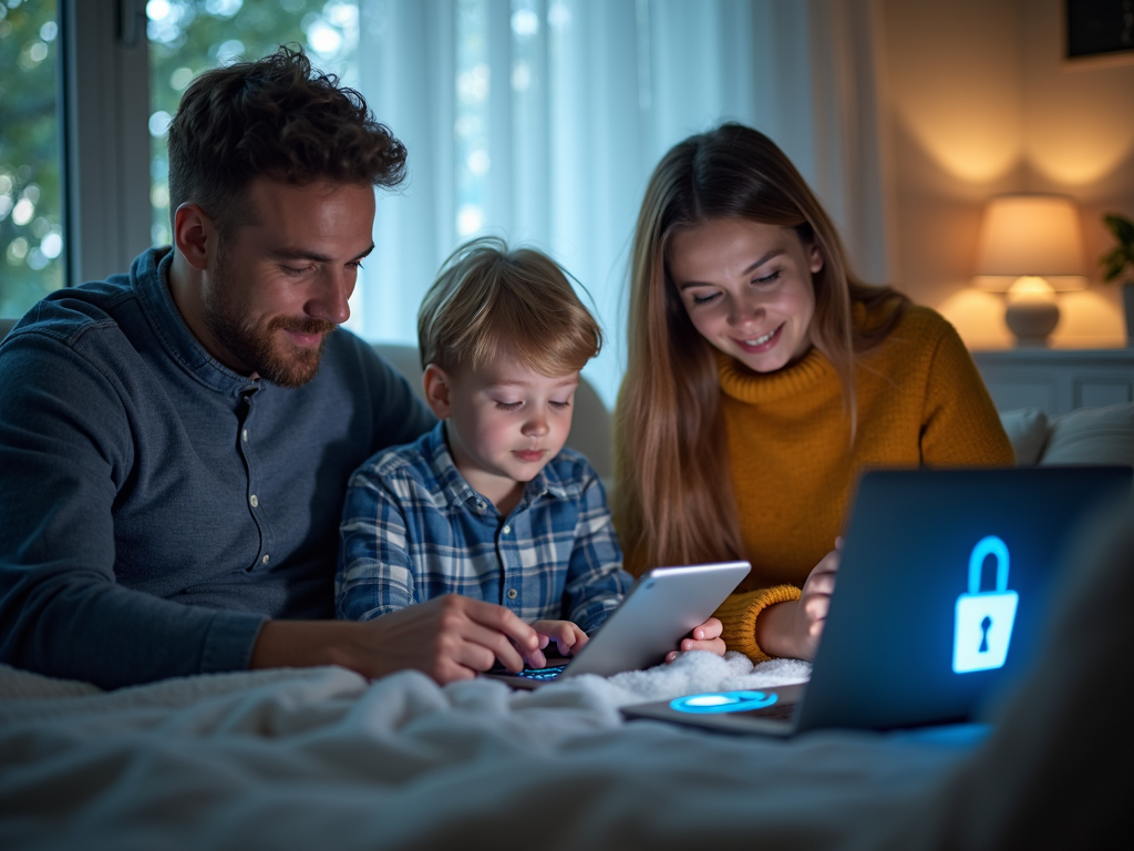 Güvenli bir Wi-Fi ağına bağlı birden fazla cihaz kullanan bir ailenin günlük yaşamdan gerçek bir görüntüsü.