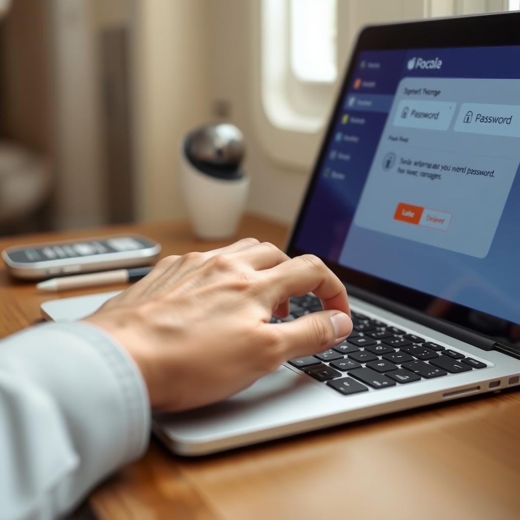 Bir kişinin laptop klavyesinde karmaşık bir şifre yazdığı yakın çekim, arka planda akıllı kilit cihazı görünüyor.