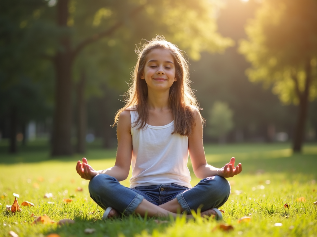 Sporcu kız, parkta meditasyon yaparak rahatlıyor.