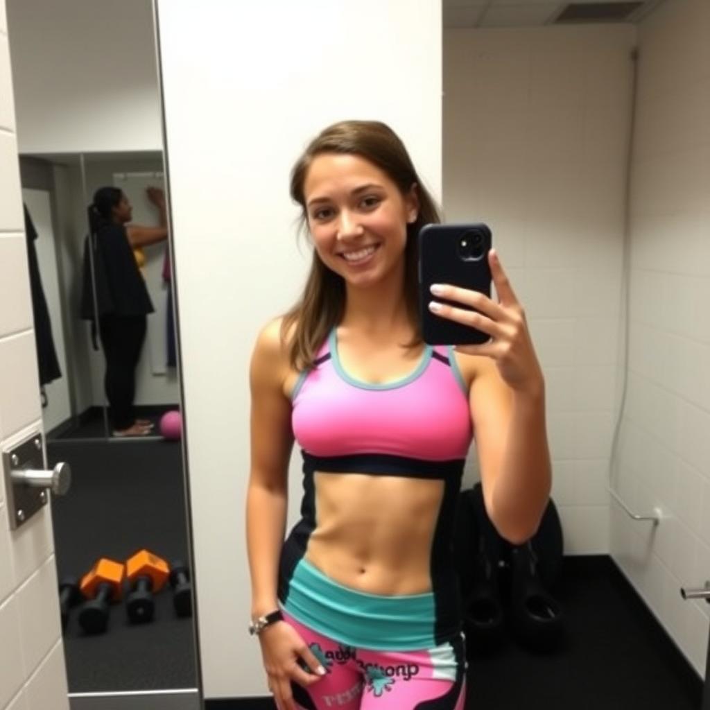 Spor salonunda ayna selfiesi çeken özgüvenli genç bir kız.