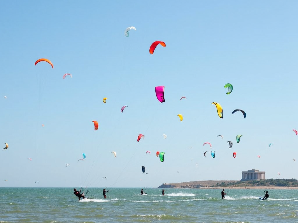 Çanakkale kıyılarında kitesurf yapan bir grup, gökyüzünde renkli uçurtmalar ve uzakta Çanakkale Şehitleri Anıtı ile