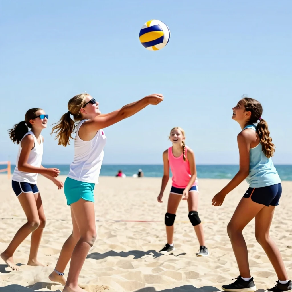 Plajda enerjik ve mutlu voleybol oynayan genç kızlar