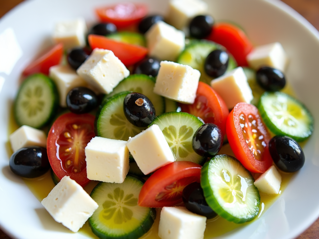 Ezine peyniri, domates, salatalık ve zeytin ile renkli bir salata.
