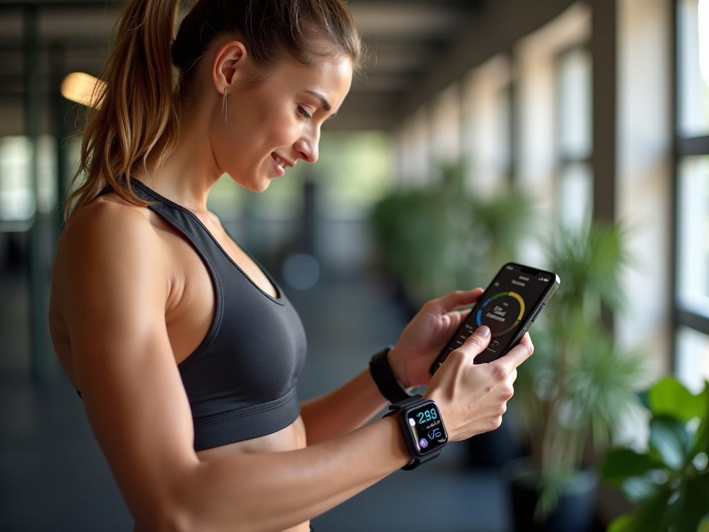 Bir kadın sporcunun antrenman sırasında akıllı saat kullandığı, performans istatistiklerini akıllı telefon uygulamasında kontrol ettiği veya başarılarını sosyal medyada paylaştığı bir sahne.
