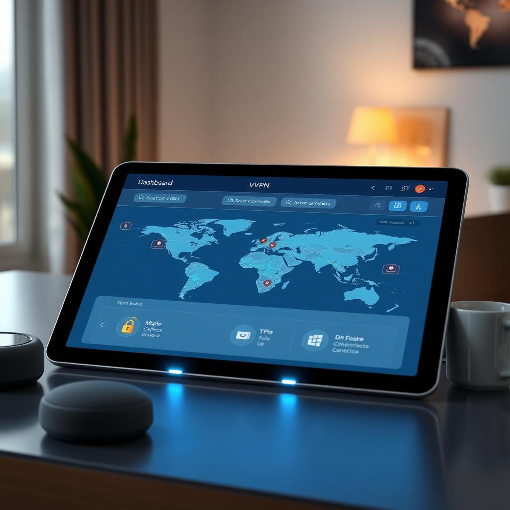Bir tablette görüntülenen VPN kontrol panelinin fütüristik arayüzü, dünya haritasında güvenli bağlantı noktaları vurgulanıyor.