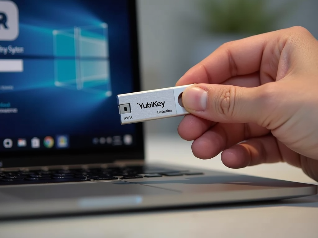 Arka planda giriş ekranı olan bir dizüstü bilgisayarın USB portuna YubiKey takan bir el.