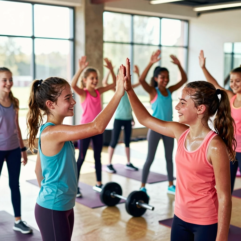 Spor salonunda genç kızlar enerjik egzersiz yapıyor