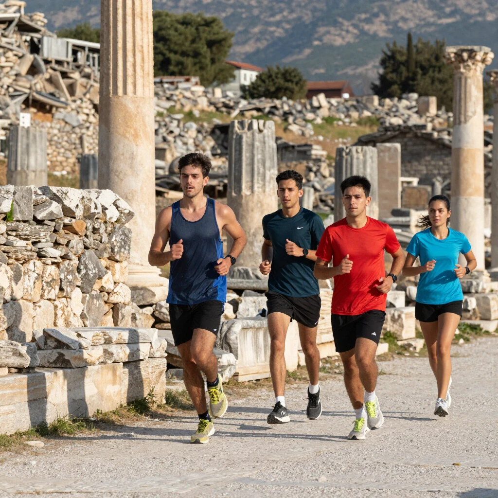 Troya antik kenti yakınlarında koşu yapan genç sporcular
