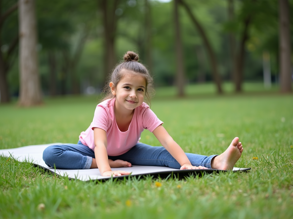 Parkta yoga matında esneme yapan genç bir kız, sakin ve odaklanmış.