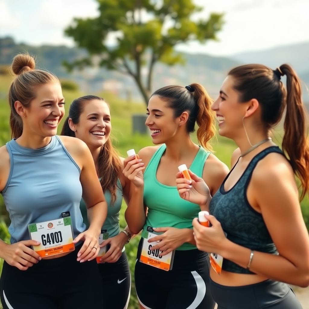 Çanakkale’de spor yapan genç kadınlar, koşudan sonra gülerek dudak balmı sürüyor, arka planda yeşillik ve güneşli bir gökyüzü.