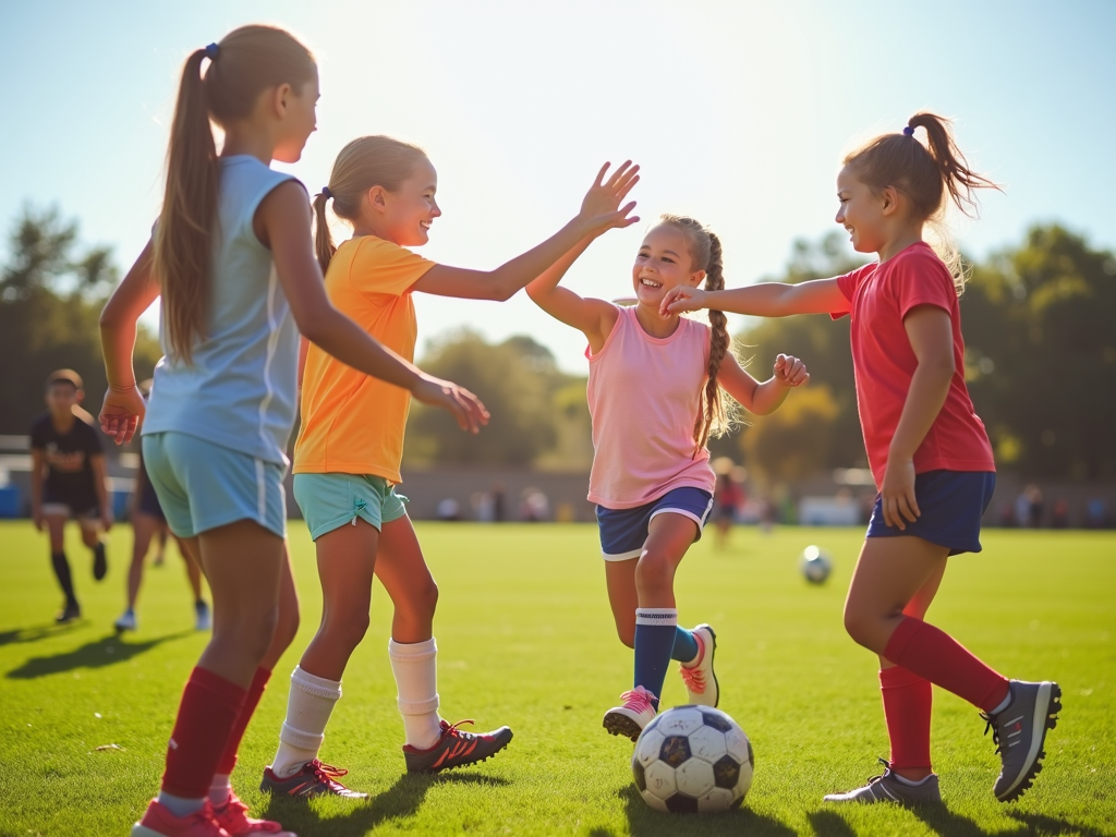 Genç kızlar futbol oynarken takım ruhunu ve mutluluğu yaşıyor.