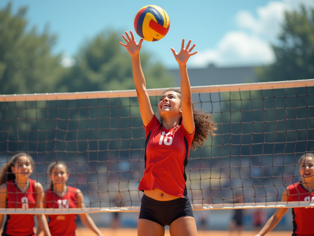 Voleybol oyuncusu, topu file üzerinden smaçlarken takım arkadaşları onu destekliyor.