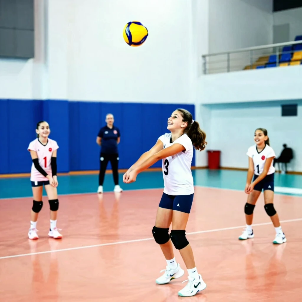 Modern salonda antrenman yapan genç Türk kız voleybolcular