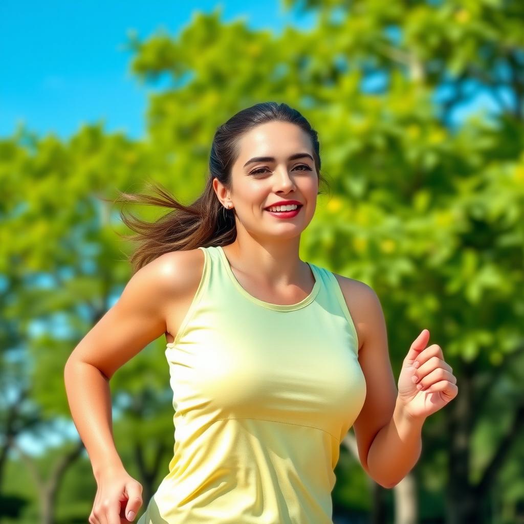 Bir kadın parkta koşarken, doğal BB krem parlaklığı, su geçirmez maskara ve açık pembe dudak balmı ile minimal makyaj yapmış. Arka planda yeşil ağaçlar ve berrak mavi gökyüzü.
