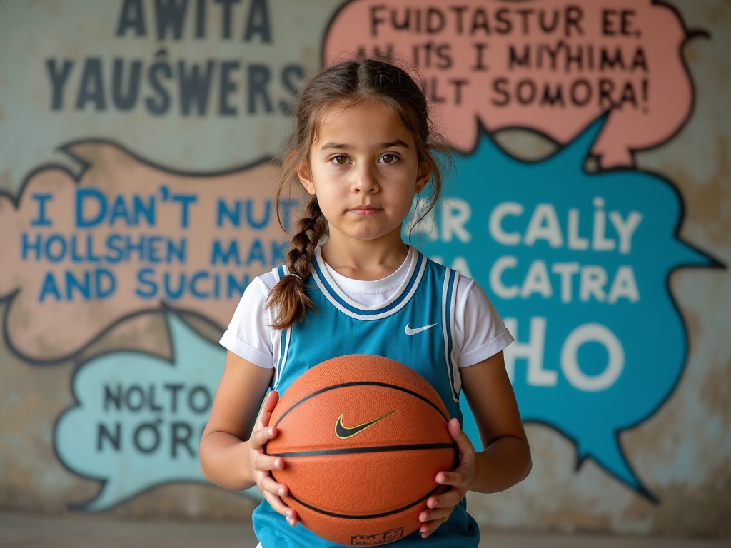 Çanakkale'de motivasyonel graffiti önünde basketbol topuyla poz veren genç bir kız.